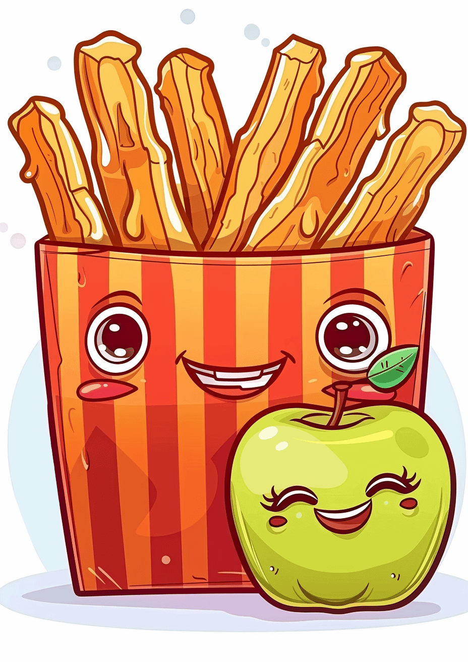 a cheerful apple and animated French fries in a striped carton